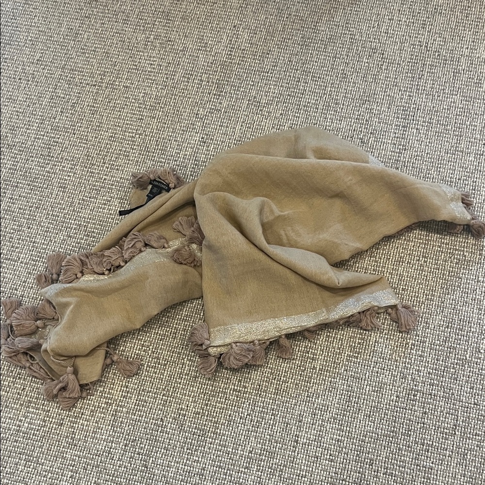 Eileen Fisher wool shawl tassle and  metallic detail